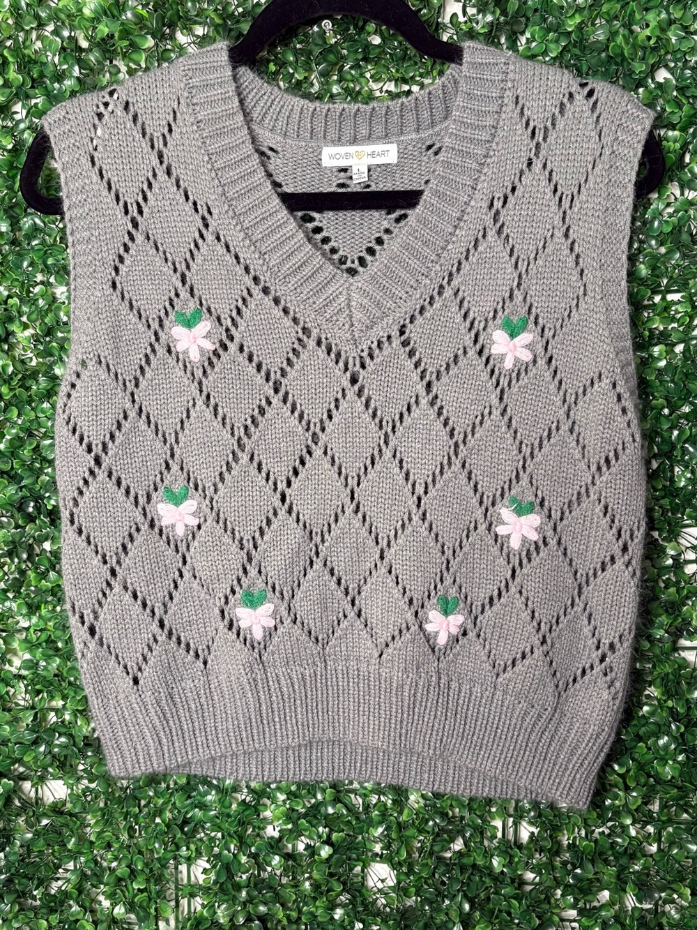 Woven Heart Grey V-Neck Diamond Eyelet Knit Vest with Pink Floral Embroidery